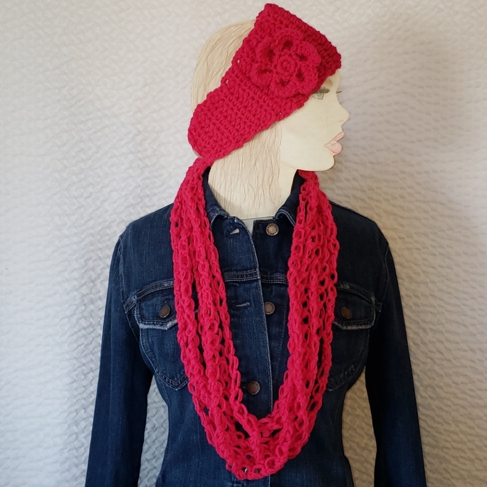 Hot Pink Flower Headband Scarf Set. Crochet. Chain